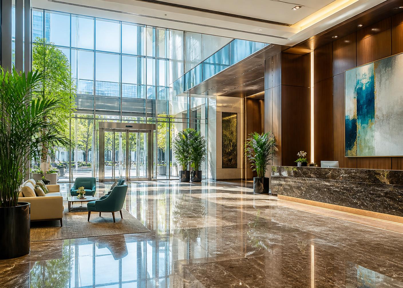 Pristine commercial lobby with polished floors