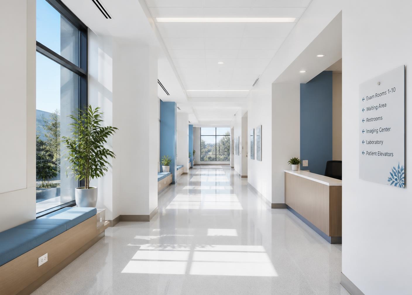 Immaculate medical facility corridor