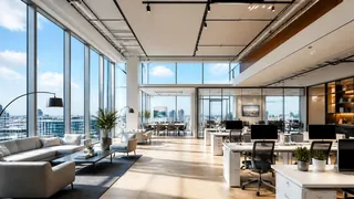 Spotless modern open-plan office in daylight