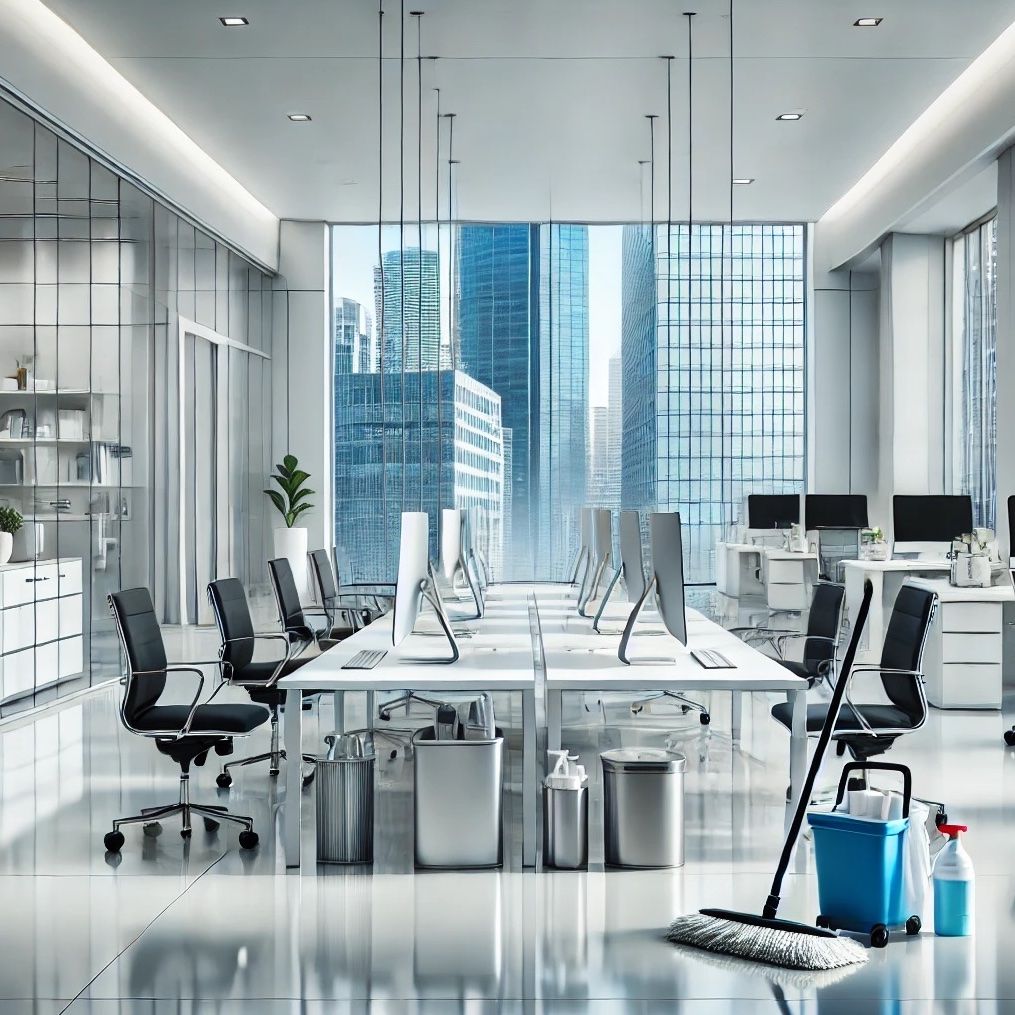 Spotless open-plan office with city views after service