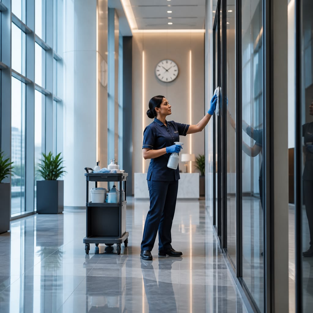 Cleaning professional detailing glass in a corporate corridor
