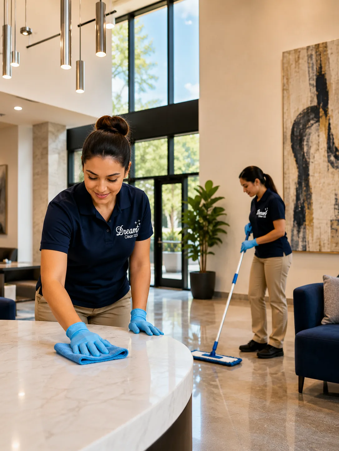 Two Dream Clean professionals cleaning a bright modern lobby