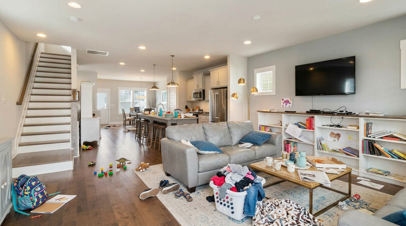 Messy open-concept living room with toys and clutter