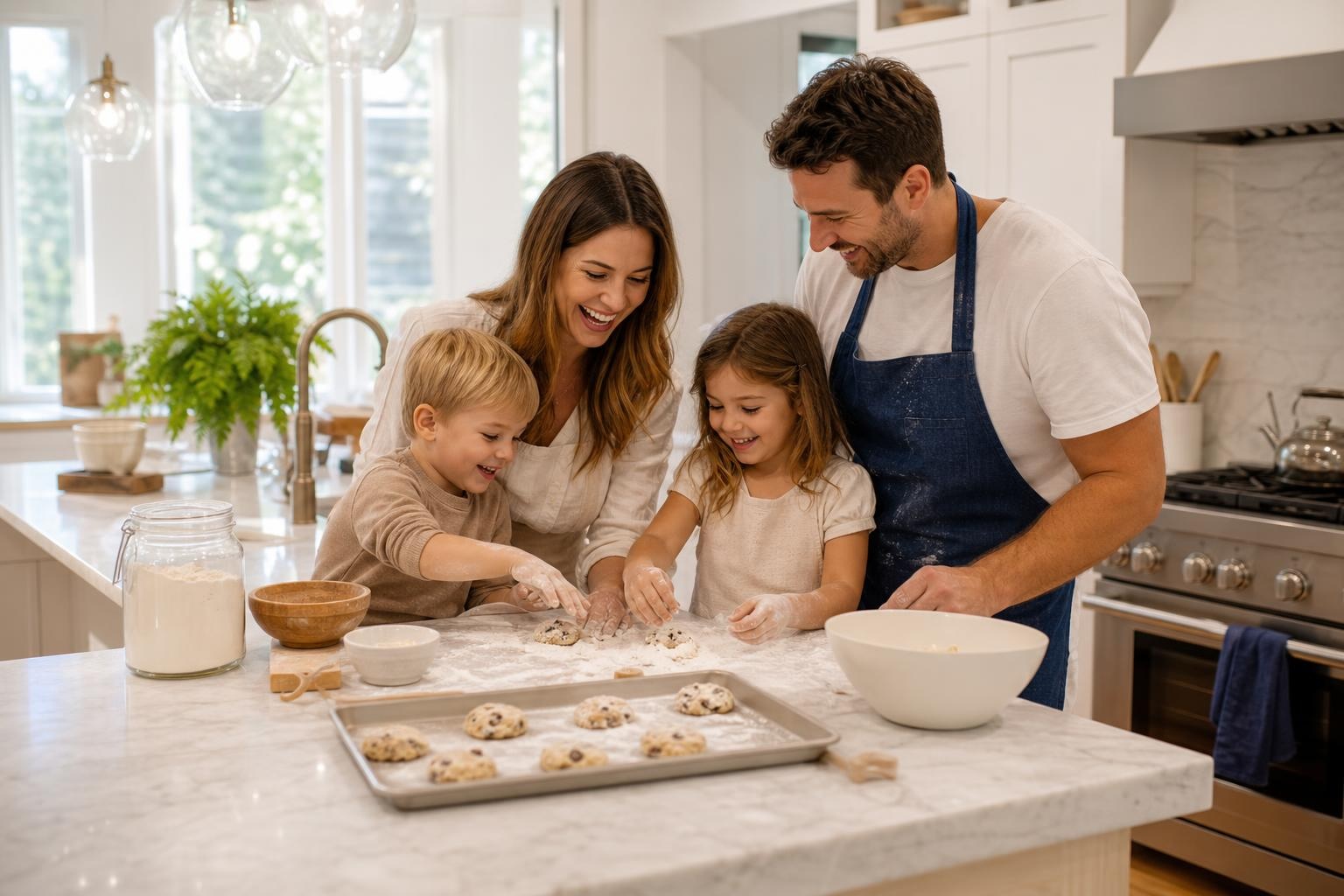 Family baking cookies together in a bright, clean kitchen